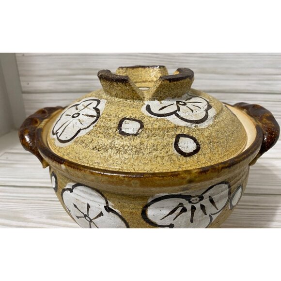 Vtg Art Pottery Lidded Casserole Dish Floral Brown & White MCM - Picture 3 of 8